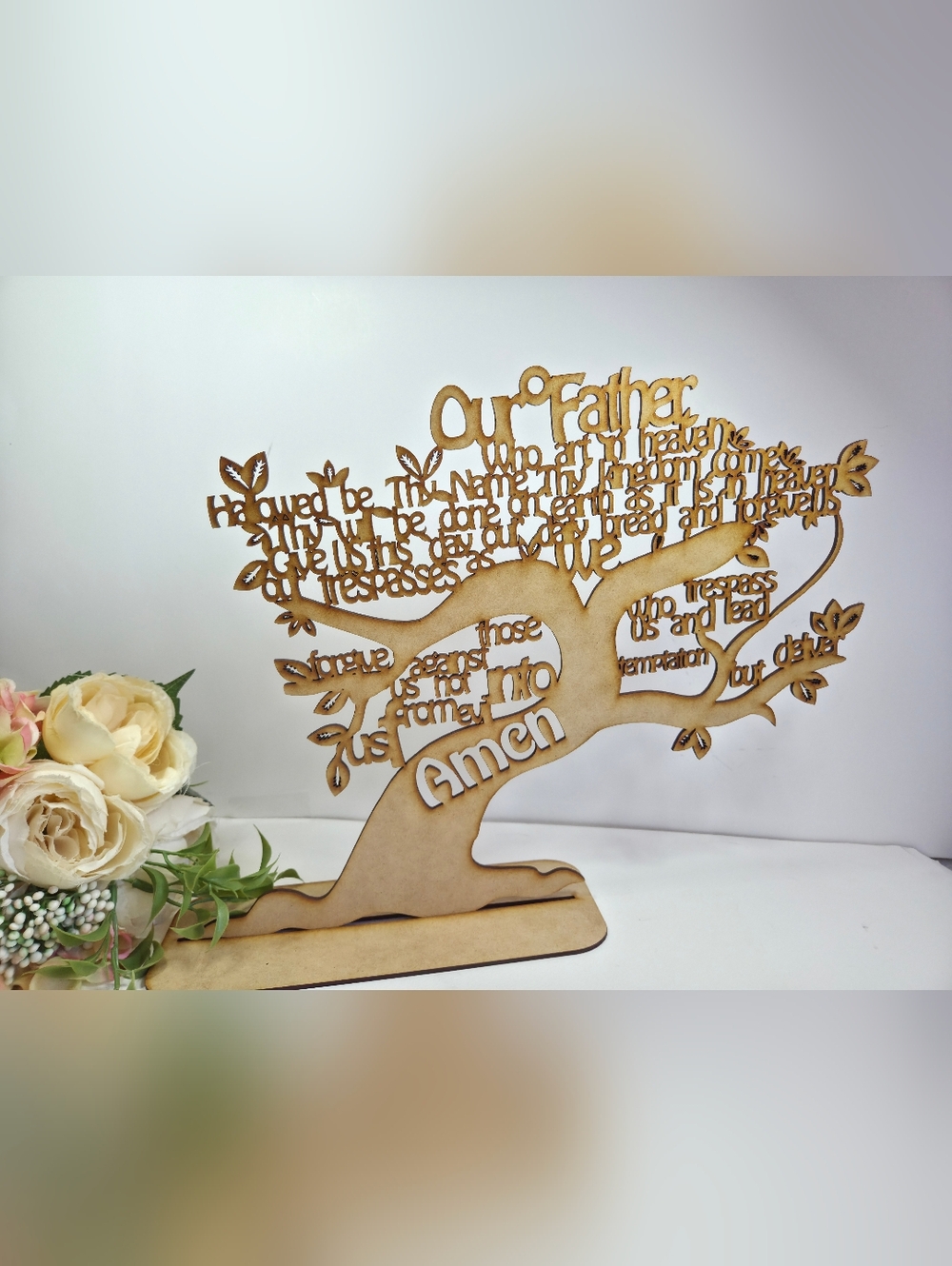 Our Father Wooden Tree Centerpiece Baptism, Holy communion. Christian Home Decor